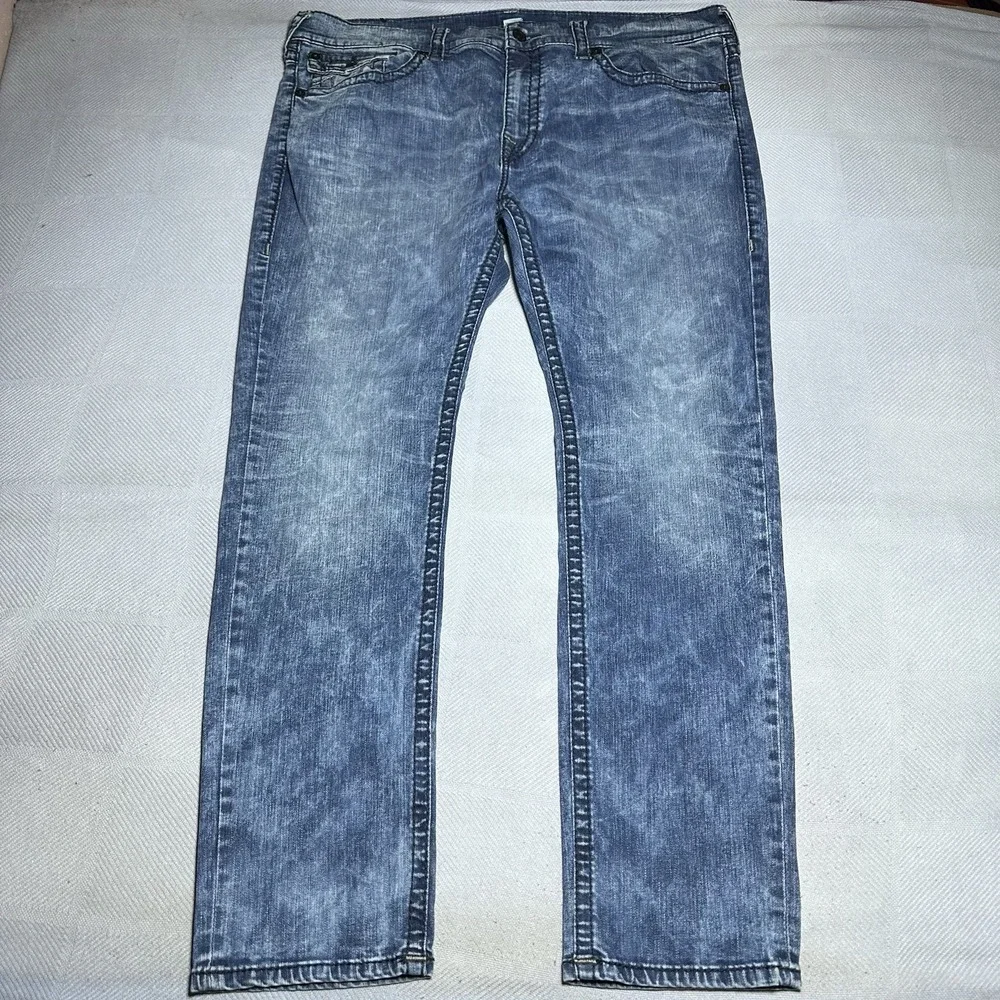 True Religion Rocco Jeans Mens 42x32 Relaxed Skinny Flap Pockets Acid Wash